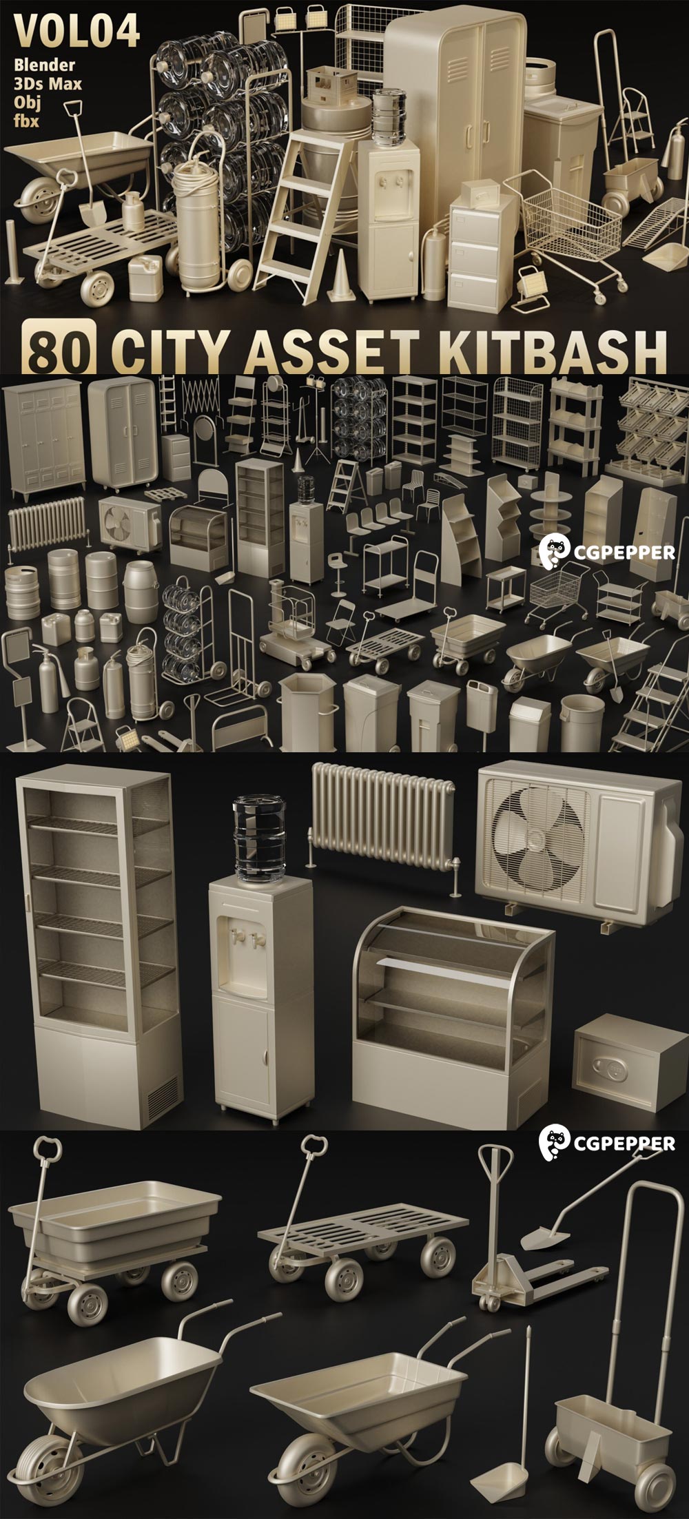 80组日常生活工具3d模型artstation 80 City Asset Kitbash Max Blender Fbx Obj格式 Cgpepper 专注优质三维资源