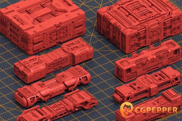 科幻硬表面3D模型机甲战士立方科幻盒子—Mech Warrior Hard Surface Kitbash 5 of 20