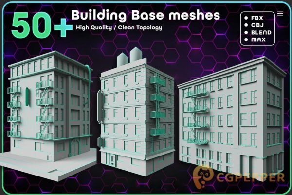 50个楼房建筑3D模型 ArtStation – 50 Building Base Mesh (Blender/MAX/FBX格式)