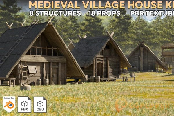 中世纪木屋村庄3D模型 ArtStation – Village House Kit (Blender/FBX/OBJ格式)