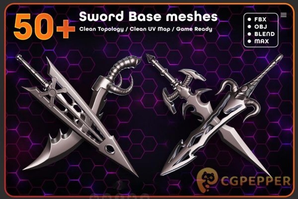 刀剑锤子3D模型 ArtStation – 50 Sword + 50 Hammer & Mace Base Meshes (MAX/Blender/FBX/OBJ格式)