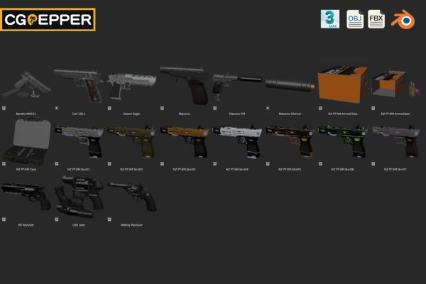 手枪武器3D模型 AX Handguns Pack (Blender/MAX/FBX/OBJ格式)
