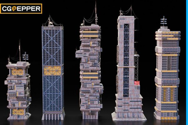 赛博朋克：高楼大厦 – 建筑环境 3D 资产 Kitbash Pack Blender